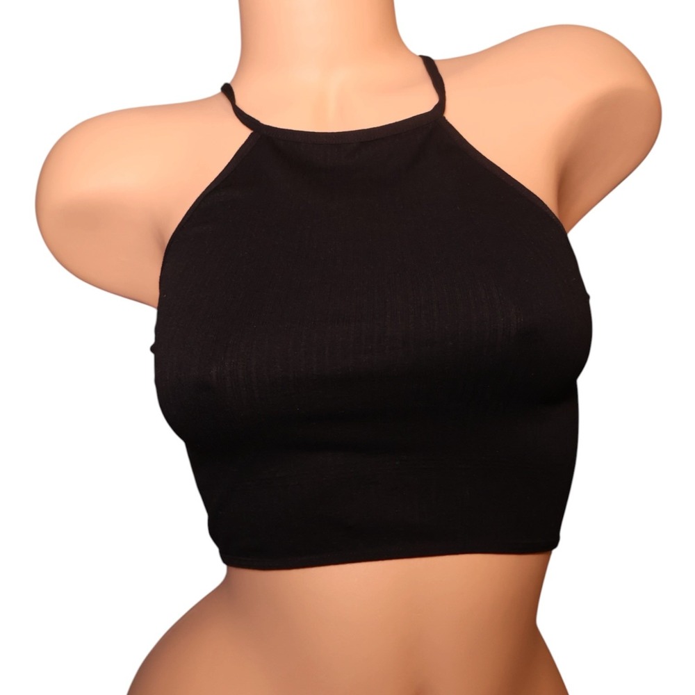 Intimately Free People Black Seamless Tie Halter Crop Top Y2K XS/S NWOT
